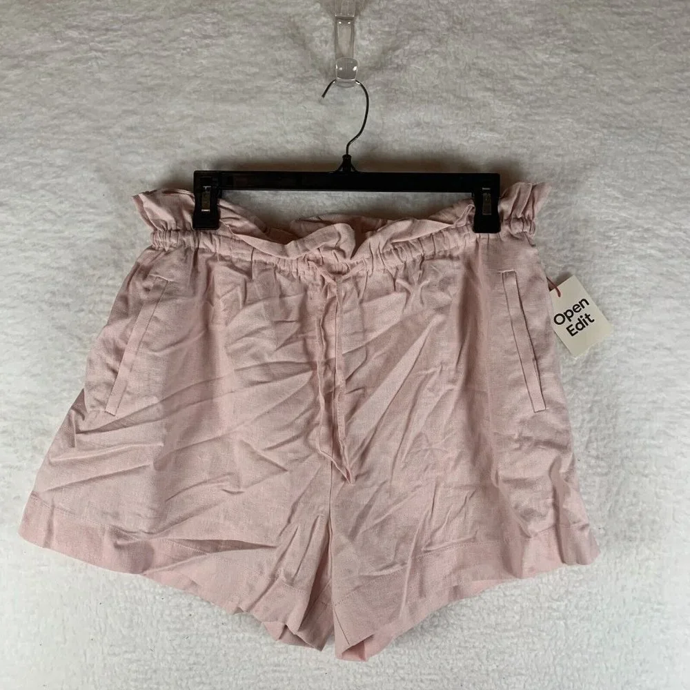 Open Edit Shorts Women Size M Pink PaperBag Waist‎ Drawstring Pockets Linen 6385